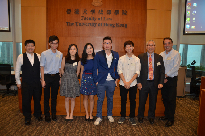 The first batch of HKU-UCL students attends the event with blessings from the participants for their new paths in their pursuance of legal knowledge. (From left) Mr Andrew Ng, Curtis Pak, Lillian Wong, Emily Ha, Chi Yan Ho, Clement Cheung, Professor Michael Hor and Professor John Lowry.