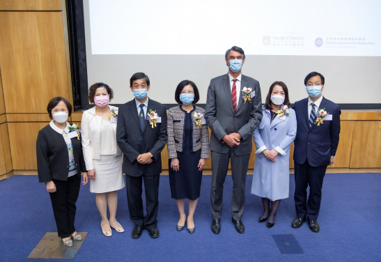 (From Left) “Jockey Club Children Oral Health Project” Professor Chu Chun Hung
Project-in-charge cum Associate Dean (External Relations), Faculty of Dentistry, HKU; Ms. Jasmine Chung, Executive Manager, Charities (Grant Making – Rehabilitation and Medical), The Hong Kong Jockey Club ; Professor Flemmig Thomas, Dean of the Faculty of Dentistry, HKU; Professor Edward Lo Chin Man, Chair Professor (Dental Public Health), Faculty of Dentistry, HKU; Professor Cynthia Yiu Kar Yung, Associate Dean (Taught Postgraduate Education), Faculty of Dentistry, HKU, Ms. Kwok Kwai Mui, Principal of Shun Tak Fraternal Association, Tuen Mun Leung Lee Sau Yu Kindergarten and Ms. Cheng  Kam Mui Asme, Principal of Christian Alliance Louey Choy Kwan Lok Kindergarten