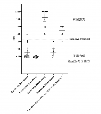 Virus neutralising ("killing") antibody levels in blood of those immunised and boosted with Comirnaty or CoronaVac vaccines.
 