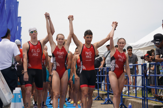 HKU Sports Scholars, (From left)Mr Robin Elg , Miss Brown Bailee and Miss Hall Charlotte (right), together with another teammate, Mr Ng Tai Lung, won a gold medal in the mixed relay competition.