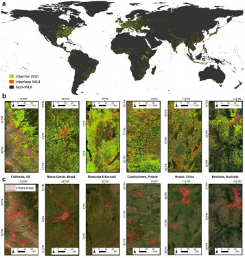 Global distribution of WUIs. (a) Geographic distribution of global WUI areas, (b) zoomed-in subsets of intermix WUI and interface WUI areas and (c) global urban areas overlaid on high-resolution satellite imagery across different continents in 2020.