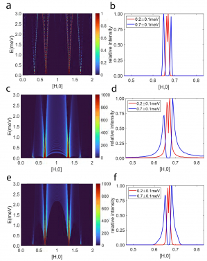 Linear spin wave prediction on the kagome lattice: a and b show the spin spectra without introducing disorder effects. c and d display the spectra with the same parameters but introduce disordered effects to fit the experimental results. e and f show the spectra with different kinds of disorder.